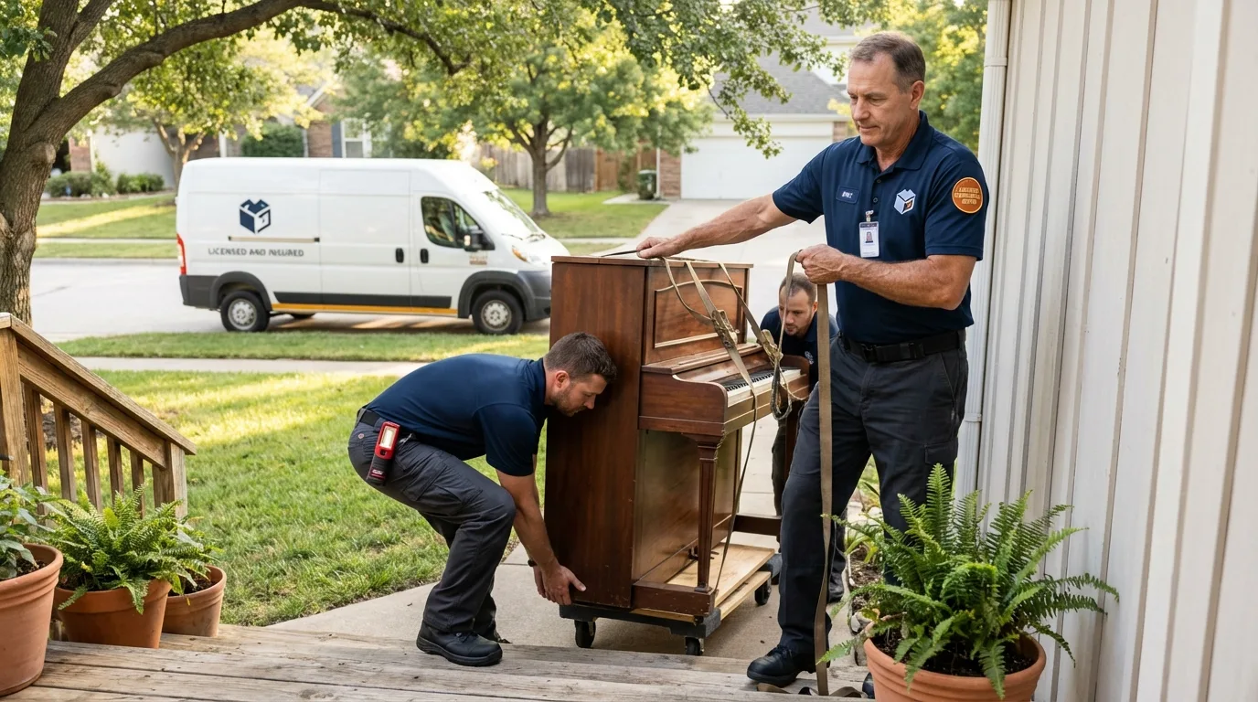 Licensed piano movers securing grand piano in Tonopah, NV