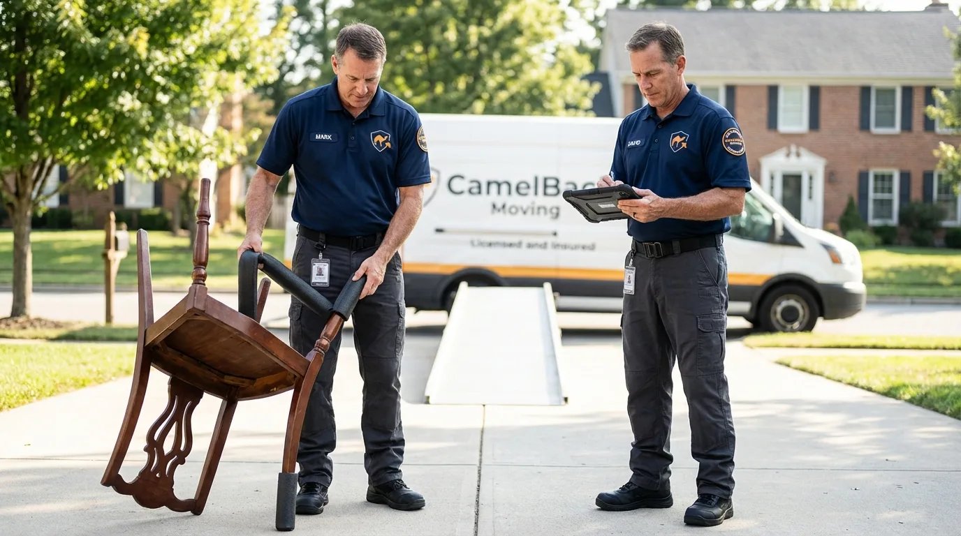 Movers inspecting furniture for damage prevention before loading in Tonopah, NV