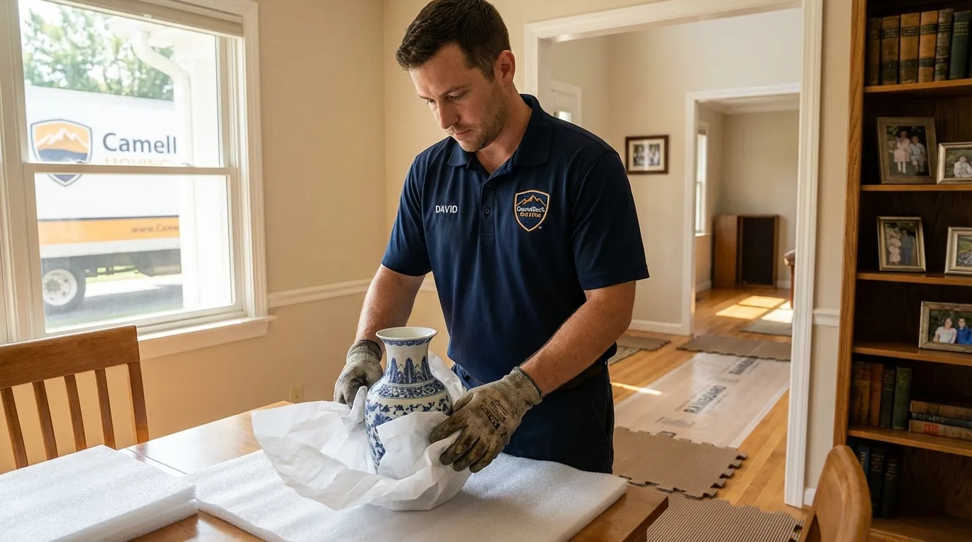 Professional crew carefully wrapping antique vase for senior downsizing move in Tonopah, NV